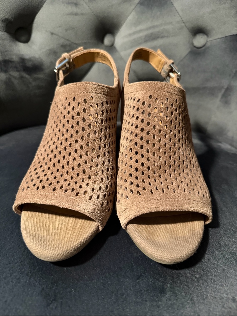 Franco Sarto Taupe Perforated Peep-Toe Slingback Mules